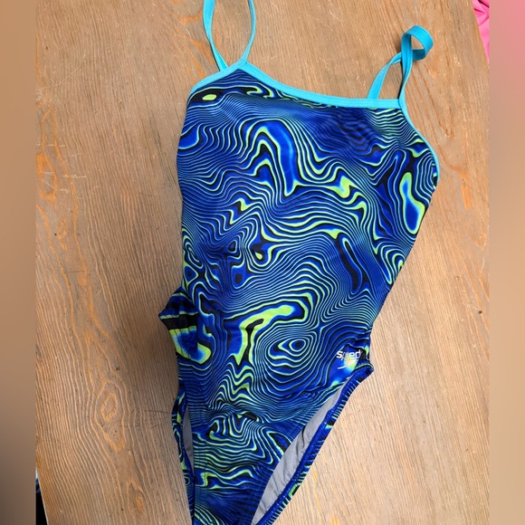 Speedo Orange Geometric green blue tye dye  One Piece Swimsuit Women’s Size 26. - Picture 1 of 3